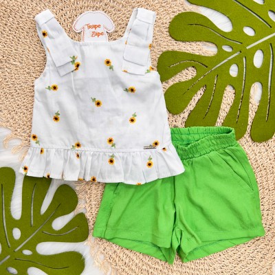 Conj. Batinha Girassóis e Short - Off White e Verde